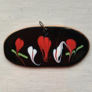 Vintage Big Copper Flower Enamel Pendant Red White Black Pattern, 1960s 1970s